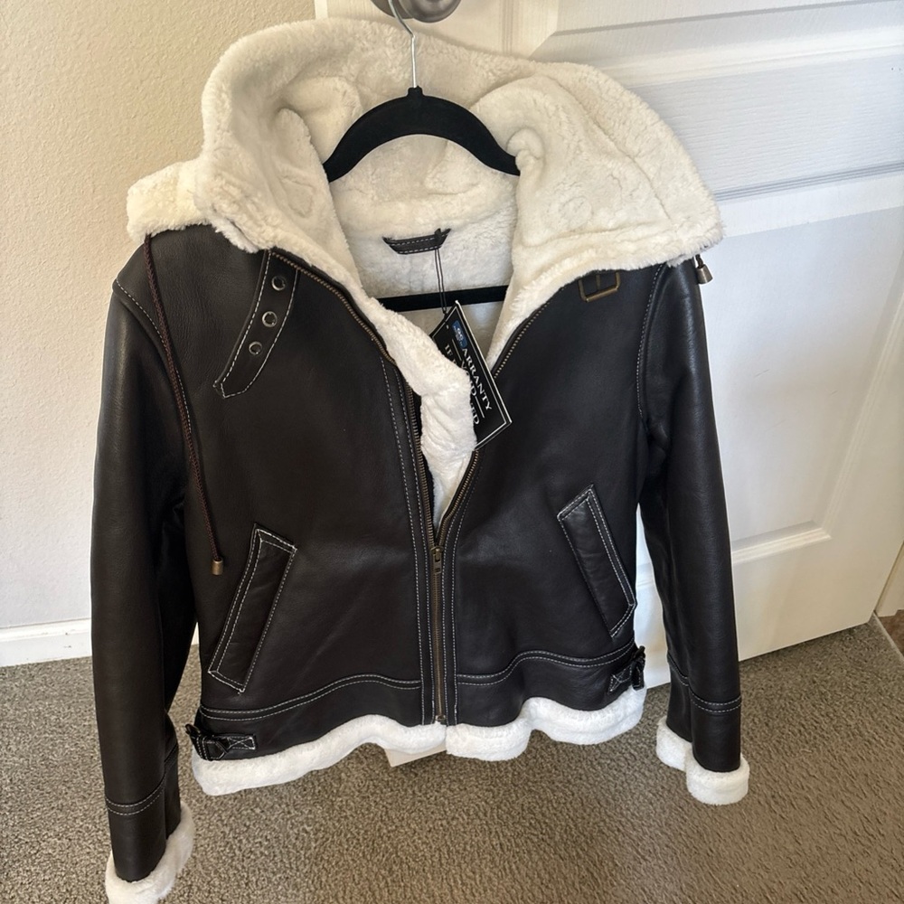 Brown and White Leather Jacket with Plush Lining
